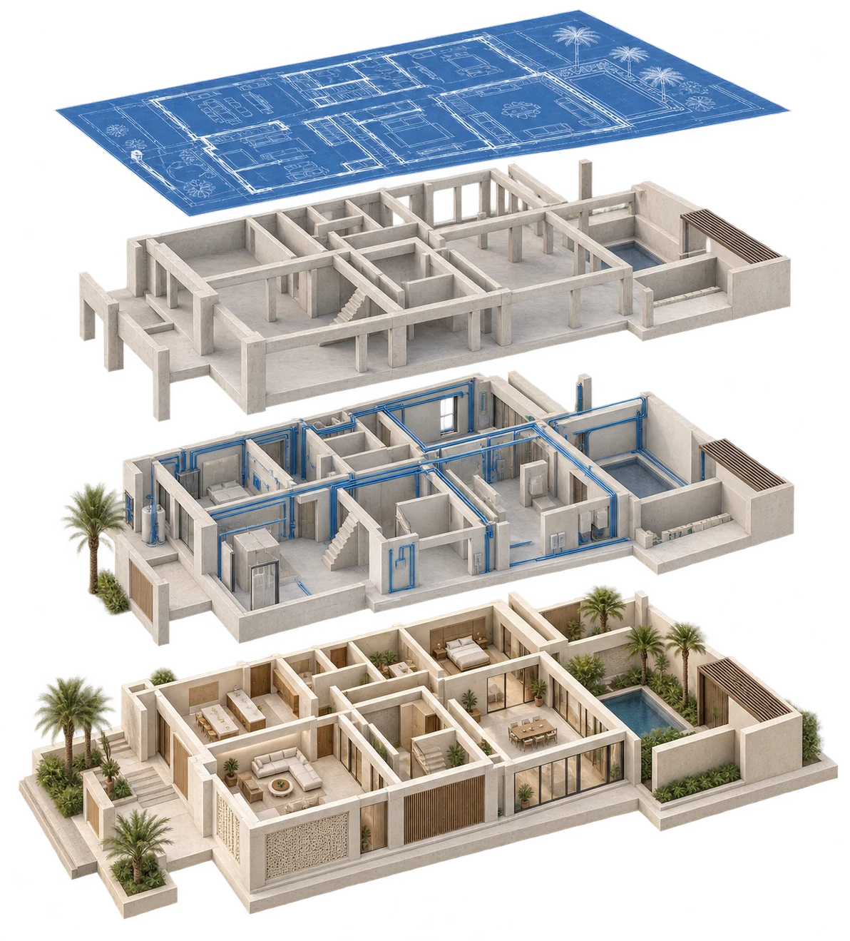 Architectural illustration of the construction stages