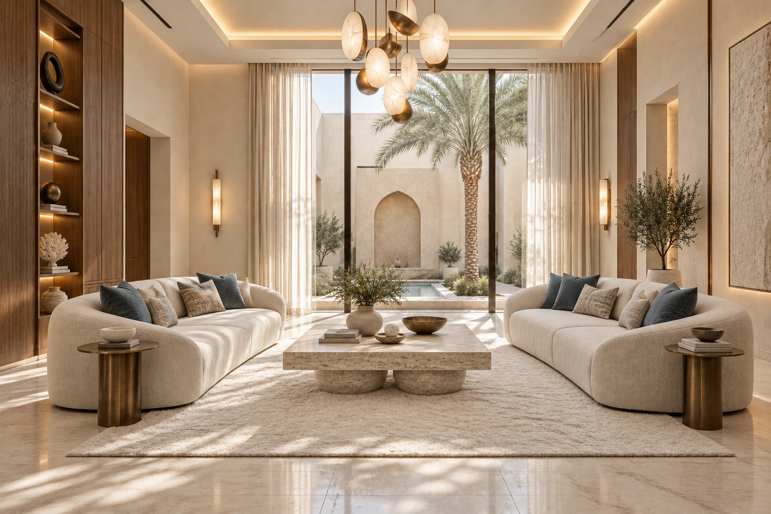 The same living room openings with contemporary ivory seating, architectural lighting and a walnut feature wall 