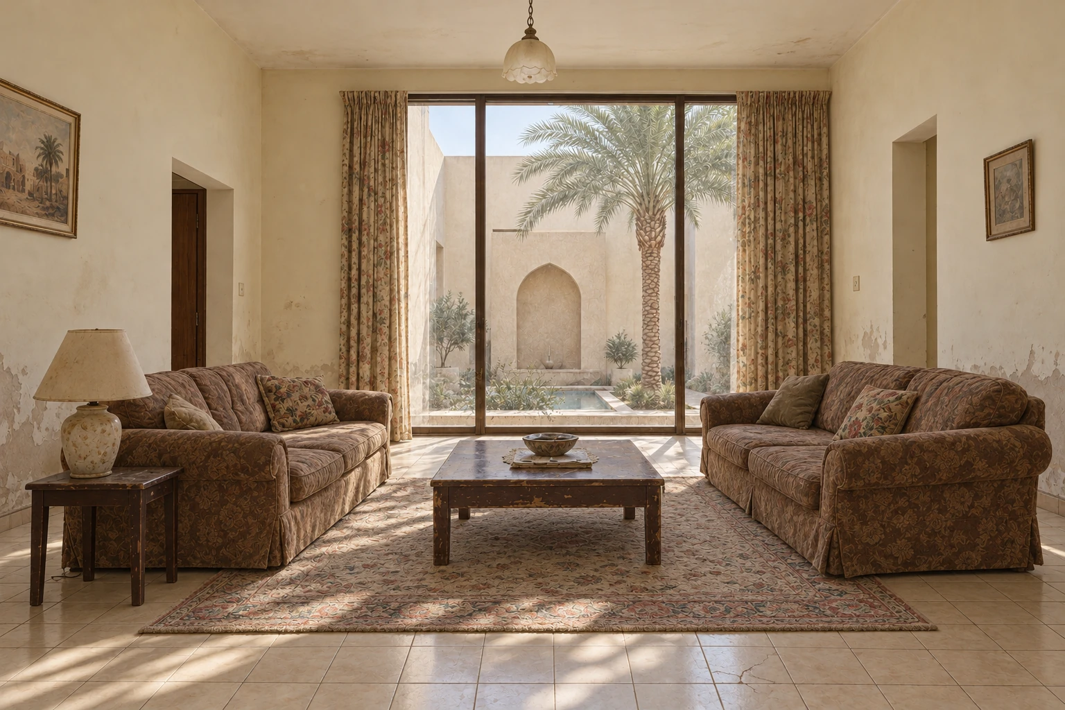 A dated living room with worn furniture, plain walls and older lighting 