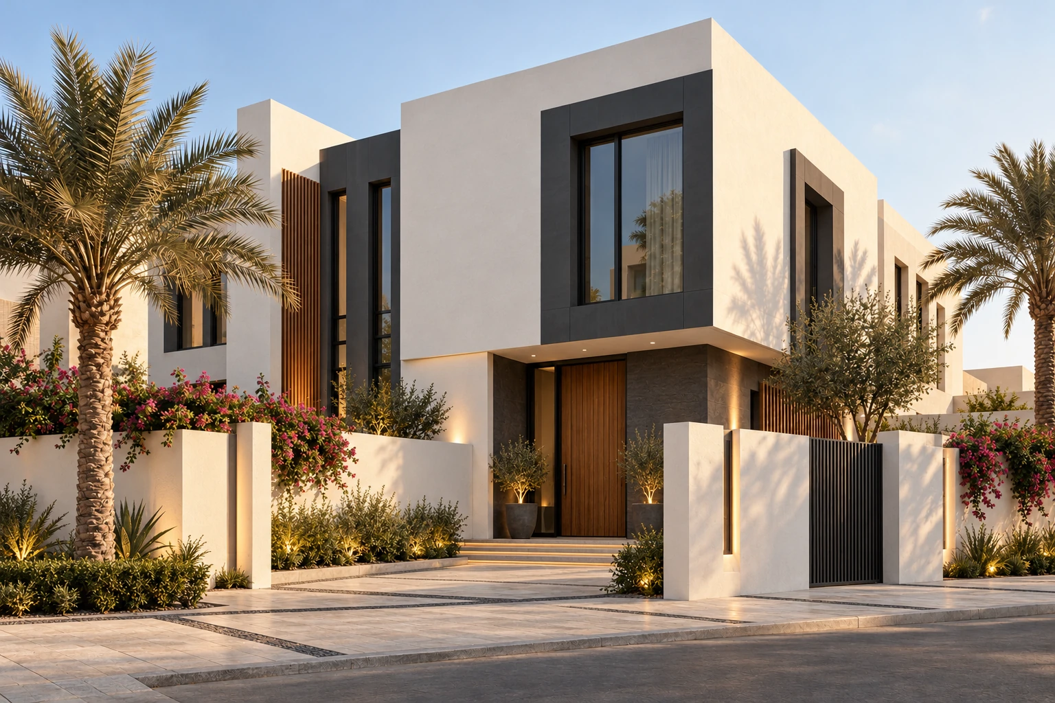 The same villa geometry with contemporary white, charcoal and wood finishes and renewed landscaping 