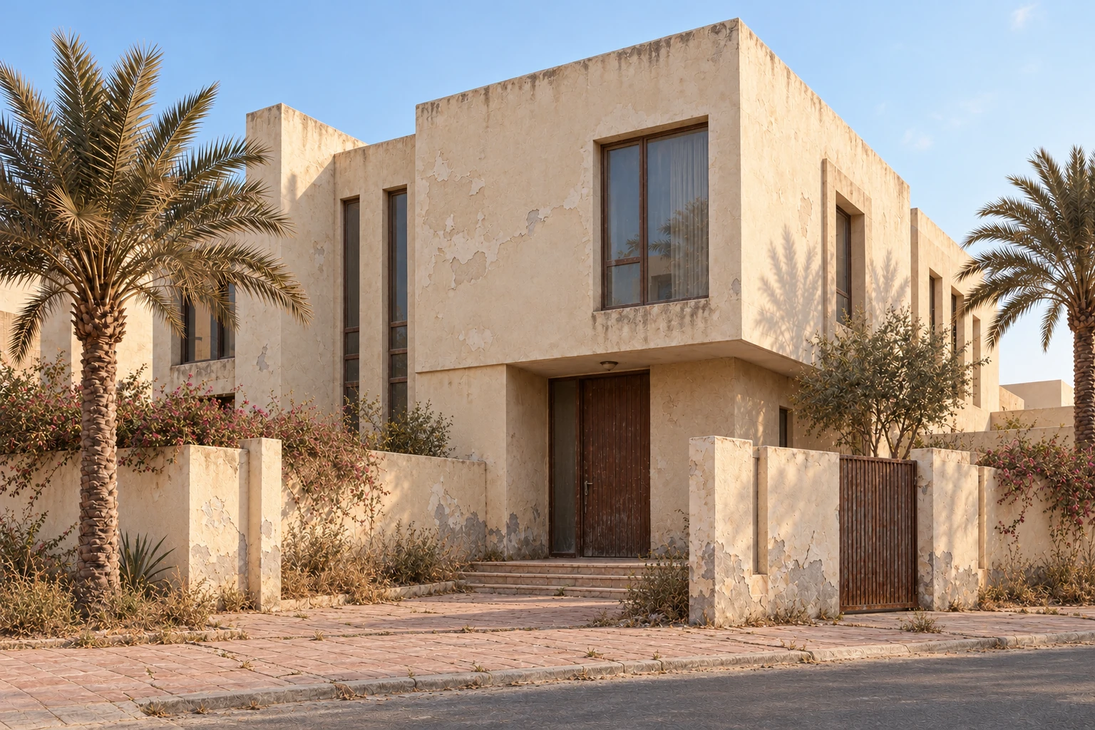 An older villa exterior with faded plaster, worn paving and weathered entrance finishes 
